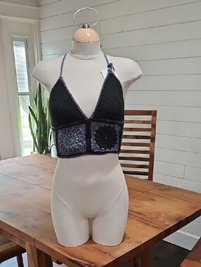Crochet Top in Black and Purple Handmade.  Sz Sm